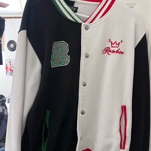 Black and White Varsity Jacket with Red and Green Accents from Ranboo Youtuber